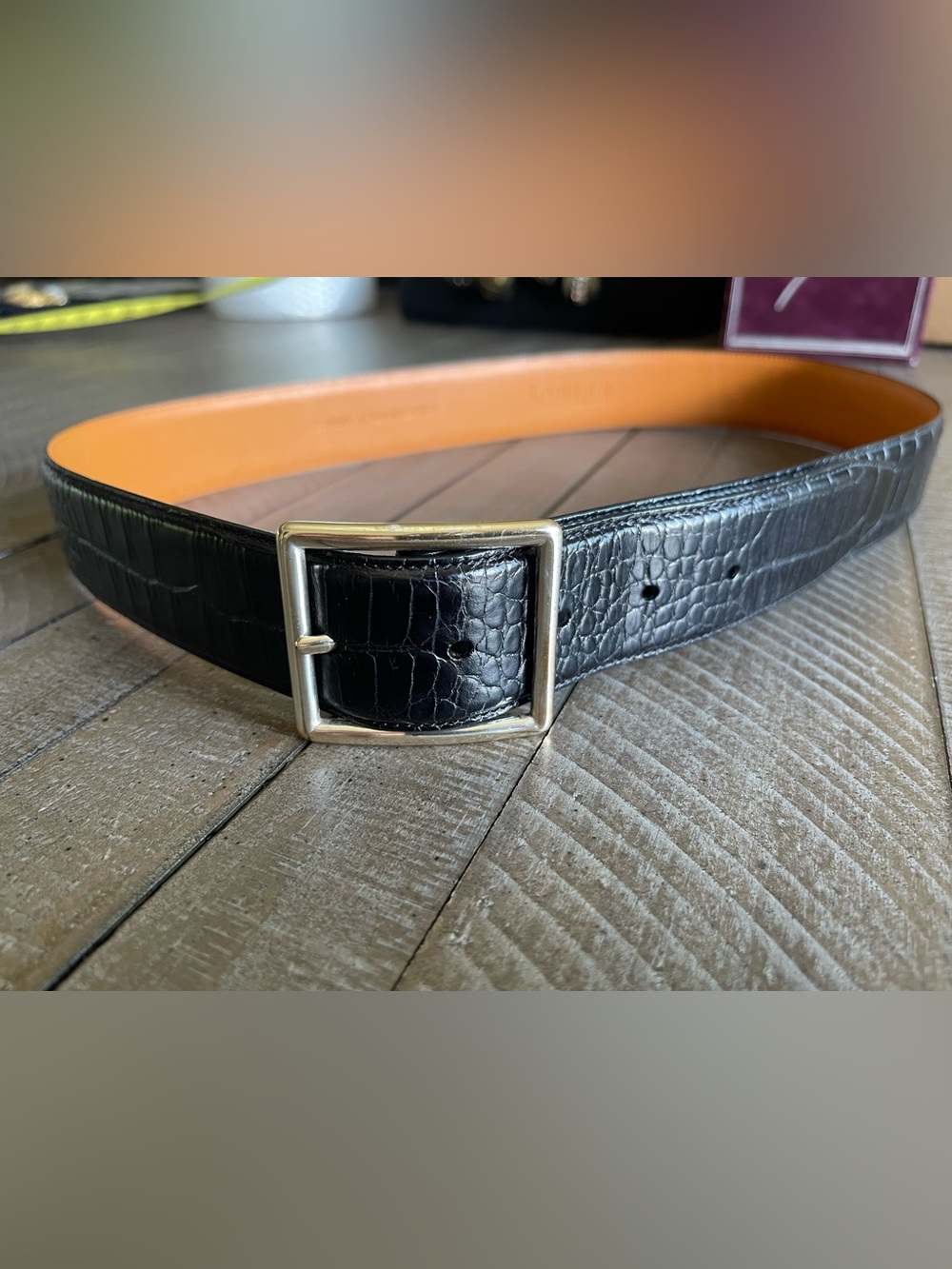 Vintage Lauren Ralph Lauren Black Croc-Embossed Leather Belt with SilverBuckle